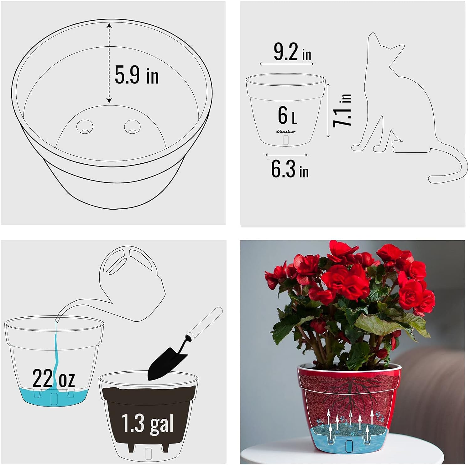 Santino ASTI 9.2 Inch Self Watering Planter Green/Black for Indoor Plants - Premium Quality Modern Plastic Planter Pot w/Water Level Indicator for All House Herbs, Plants, African Violets and Dahlias