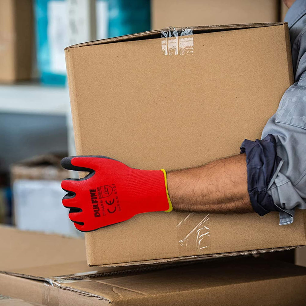 DULFINE Safety Work Gloves PU Coated for Men and Women-12 Pairs,Red Seamless Knit Glove with Two Fingers Touchscreen,Ideal for General Duty Work (Large)