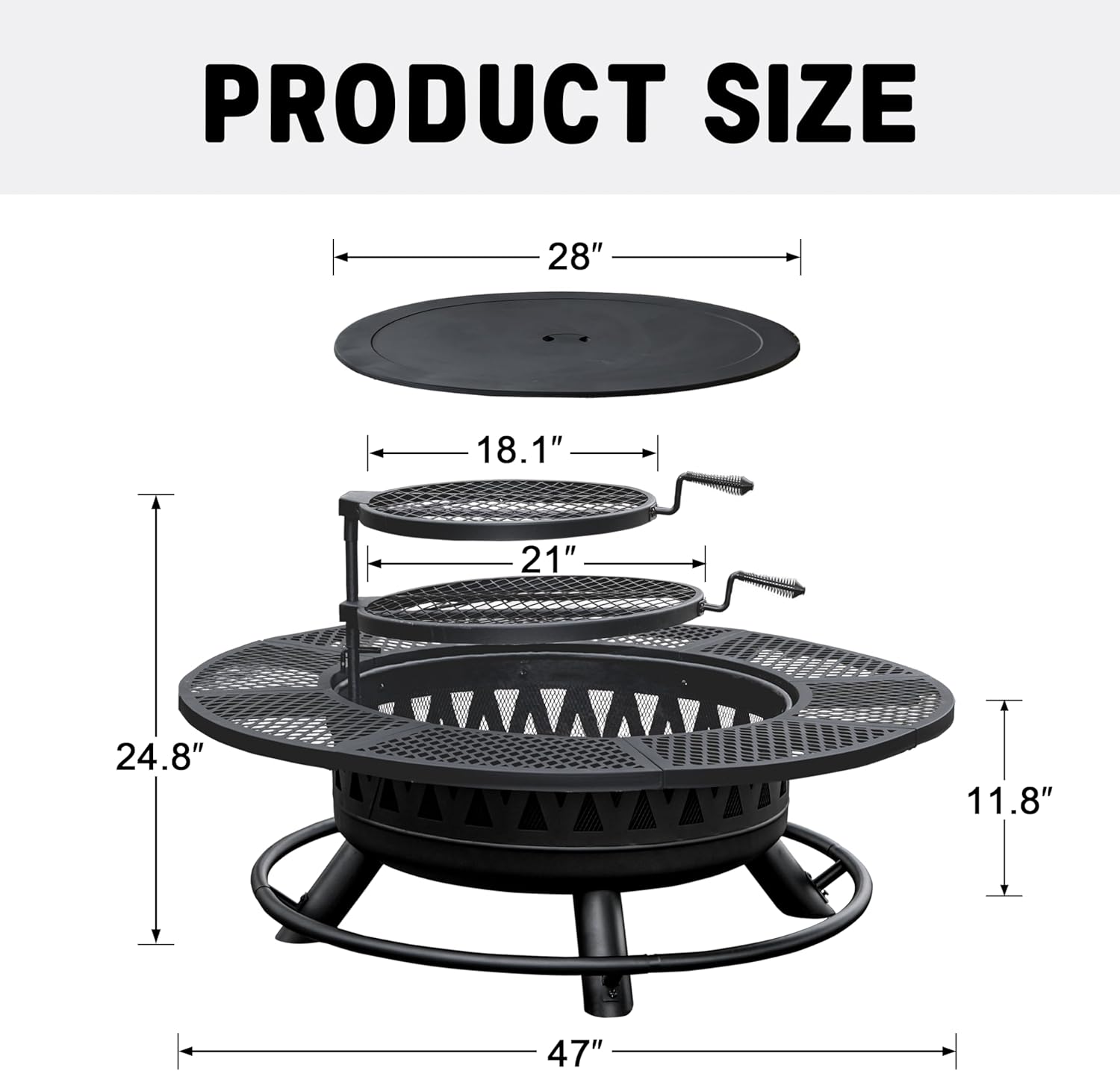 47 Inch Fire Pit with 2 Grills, Outdoor Extra Large Firepits for Outside, Wood Burning Fireplace for Camping,Picnic,Bonfire, 3-in-1 Round Metal Table with Lid for Backyard,Patio,Party