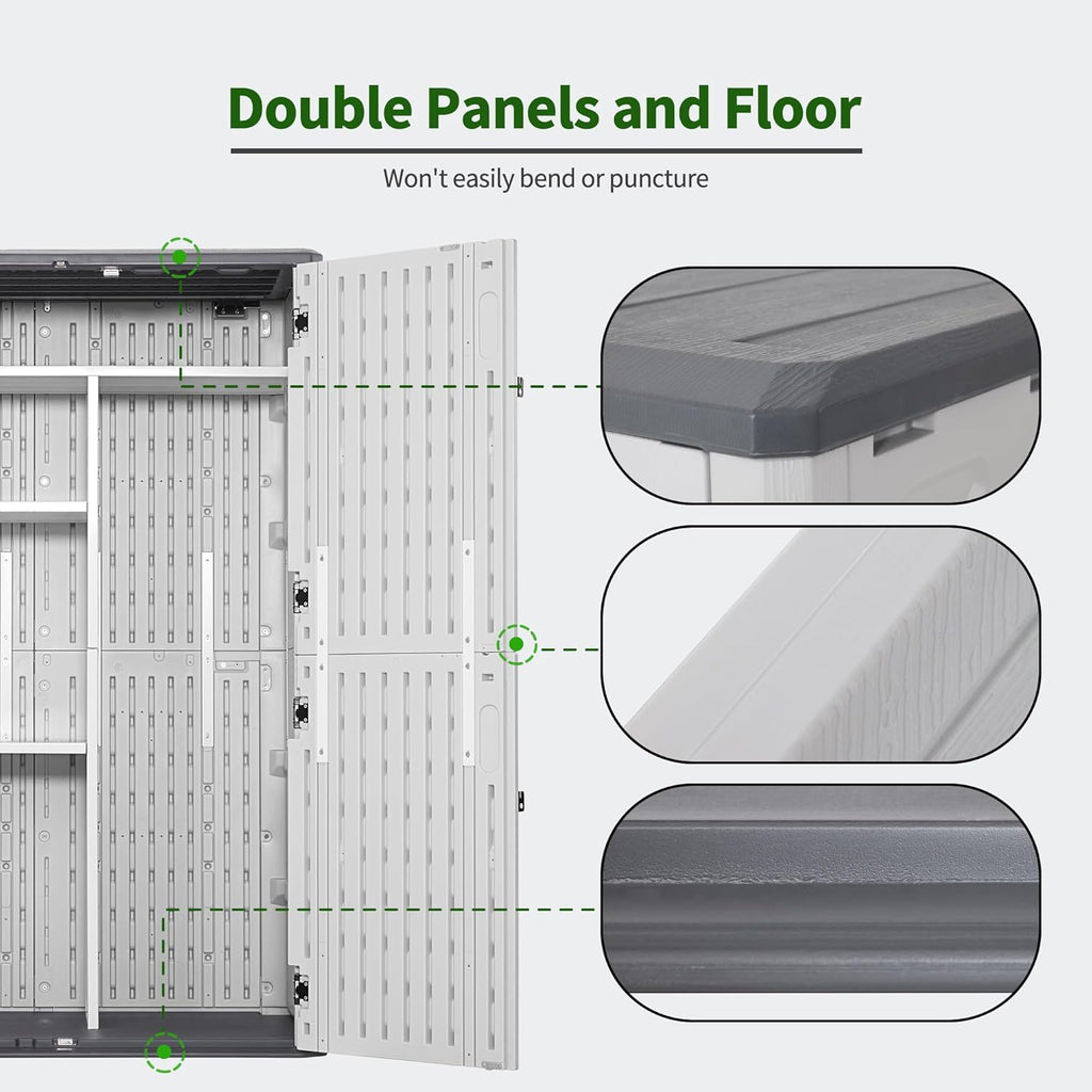 Macrout 50 Cu.Ft Plastic Outdoor Storage Cabinet with Shelves, 4.3 x 2.5 ft Waterproof Resin Outdoor Storage Shed with Floor, Lockable Vertical Shed for Garden and Patio