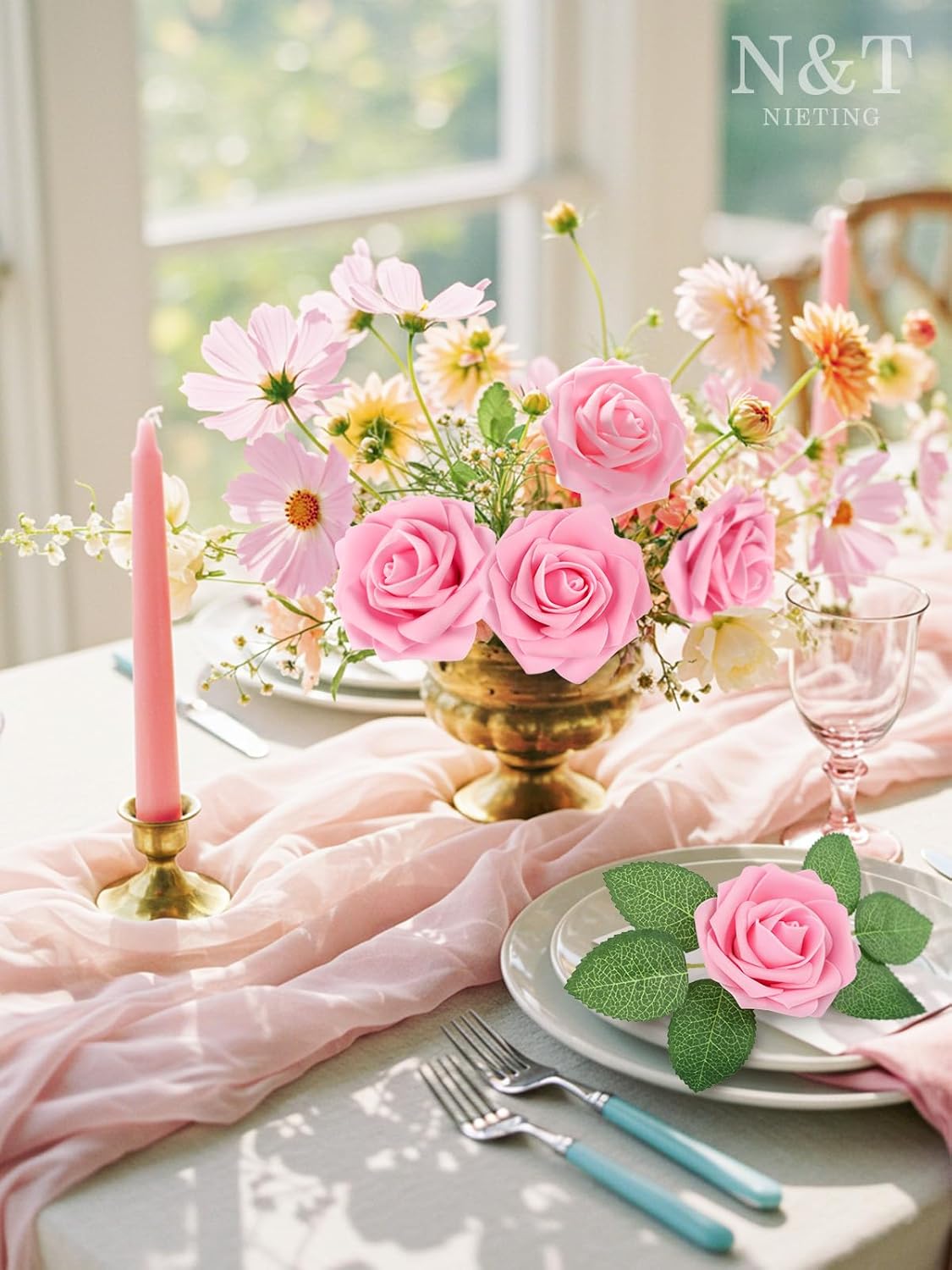 N&T NIETING Artificial Flowers Pink Roses, 25Pcs Fake Flowers Foam Roses with Stems for DIY Wedding Bridesmaid Bridal Bouquets Centerpieces Party Home Decoration Baby Shower