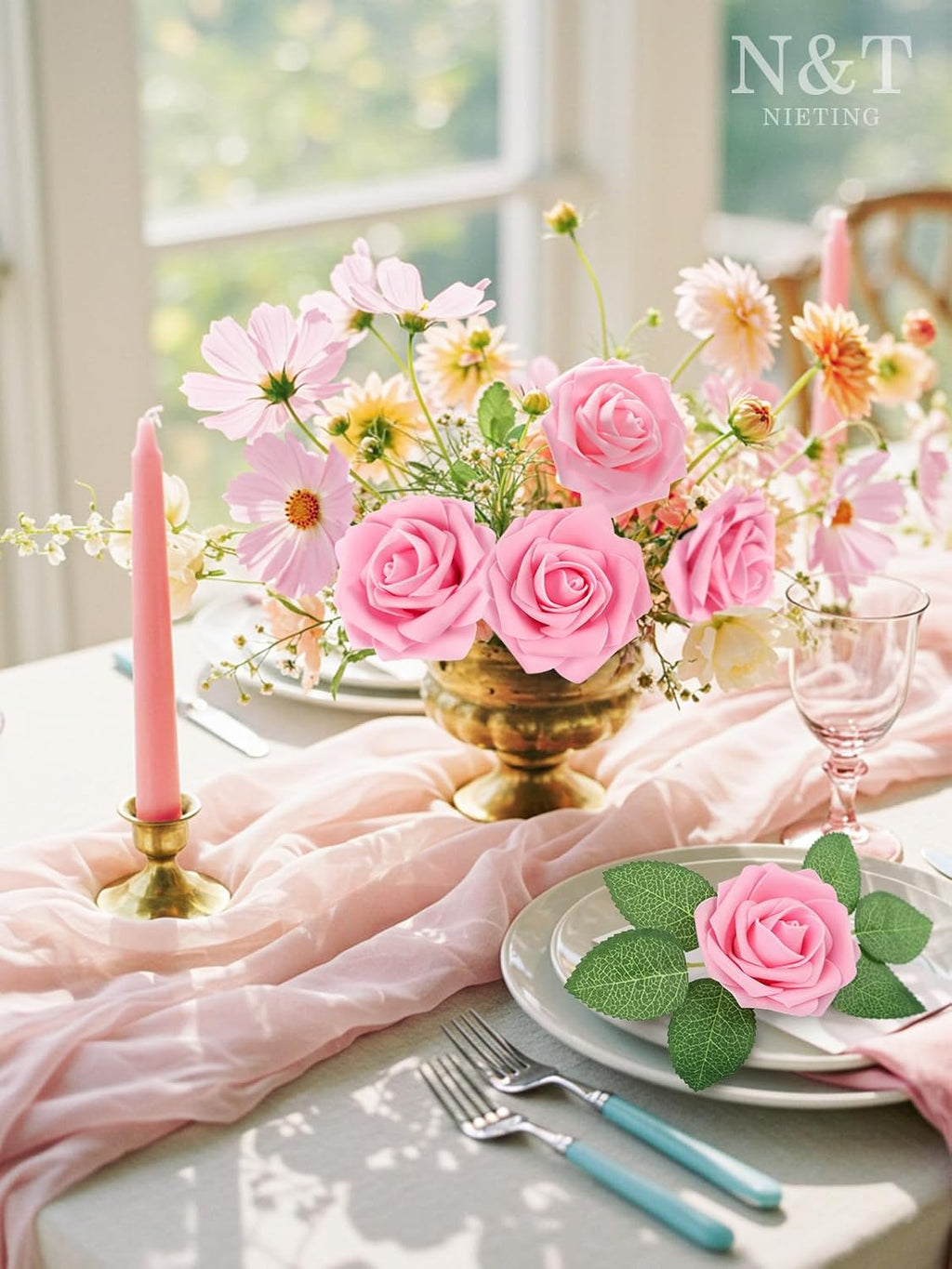 N&T NIETING Artificial Flowers Pink Roses, 50Pcs Fake Flowers Foam Roses with Stems for DIY Wedding Bridesmaid Bridal Bouquets Centerpieces Party Home Decoration Baby Shower