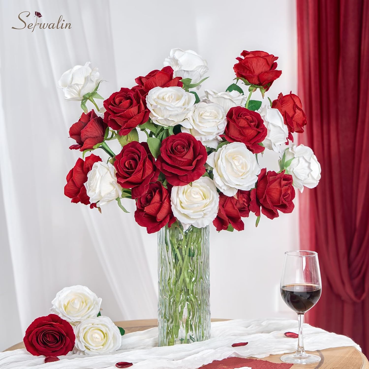 Serwalin 20pcs Artificial Red and White Roses, 4'' Big Flower Head, Fake Roses Velvet Real Touch, Silk Roses Long Stems Realistic Bouquet for Wedding Table Centerpiece and Home Decor