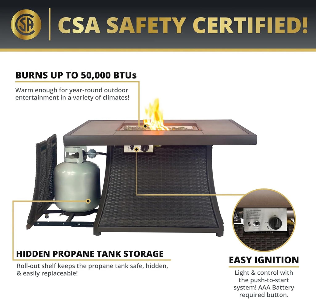 42" Outdoor Fire Pit Table for Patio, Propane Fire Pit Coffee Table with Square Base Patio Heater, CSA Certified, 50,000 BTU Stainless Steel Burner