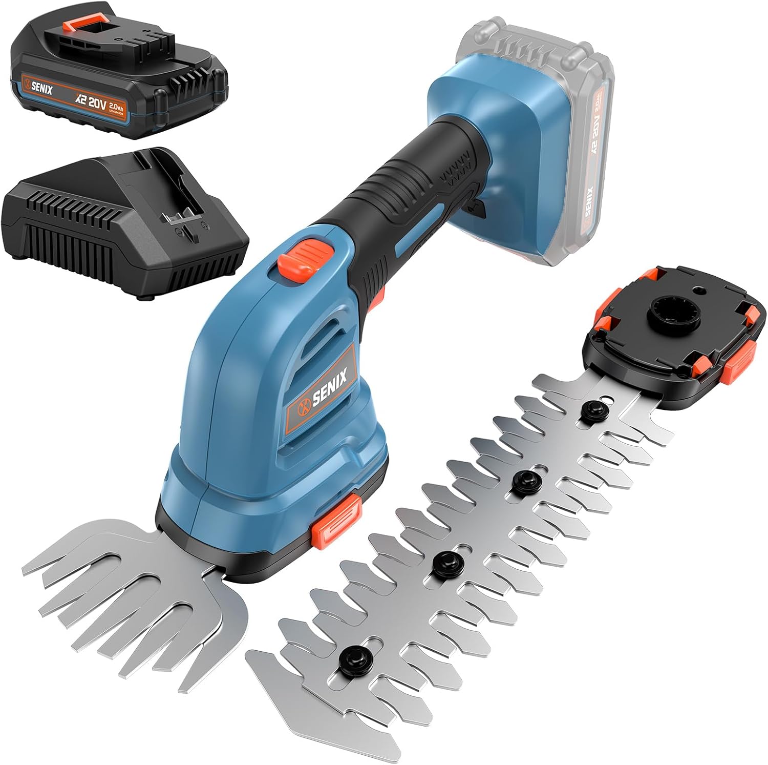 Senix X2 20 Volt Max* 2-in-1 Cordless Hedge Trimmer and Grass Shear with Interchangeable 4-Inch and 8-Inch Blades, Includes 2.0 Ah Battery and Charger (GSX2-M)