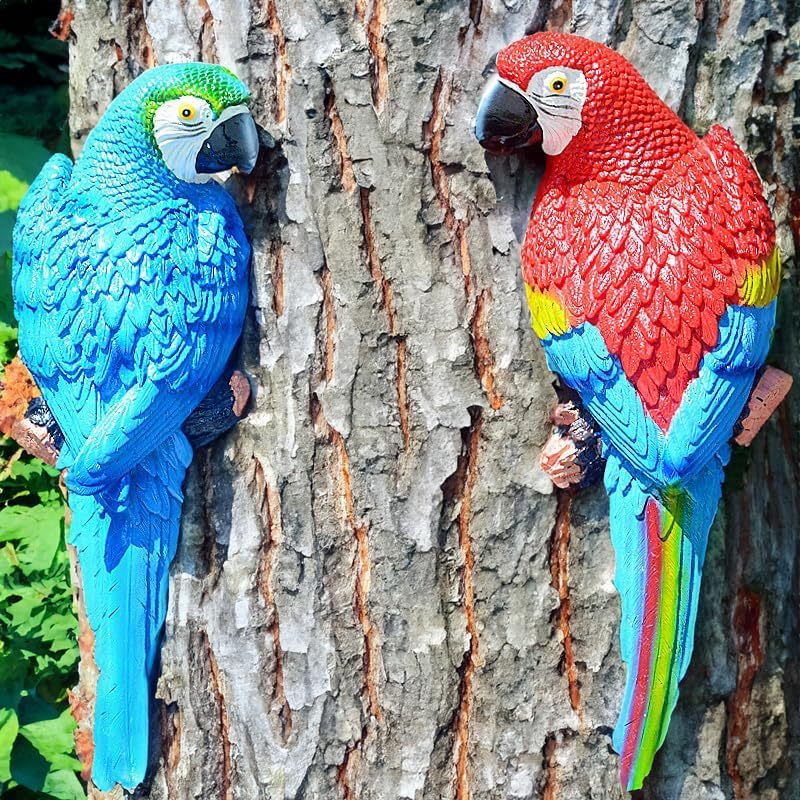 coolboy Bird Statue Decorations Outdoor,Garden Bird Figurine Real Parrot Figurine,Resin Bird,Bird Statue Gift,Wall Hanging Macaw Bird Tropical Decor Wall Sculpture, Polyresin, Full Color,2 Bird a Set