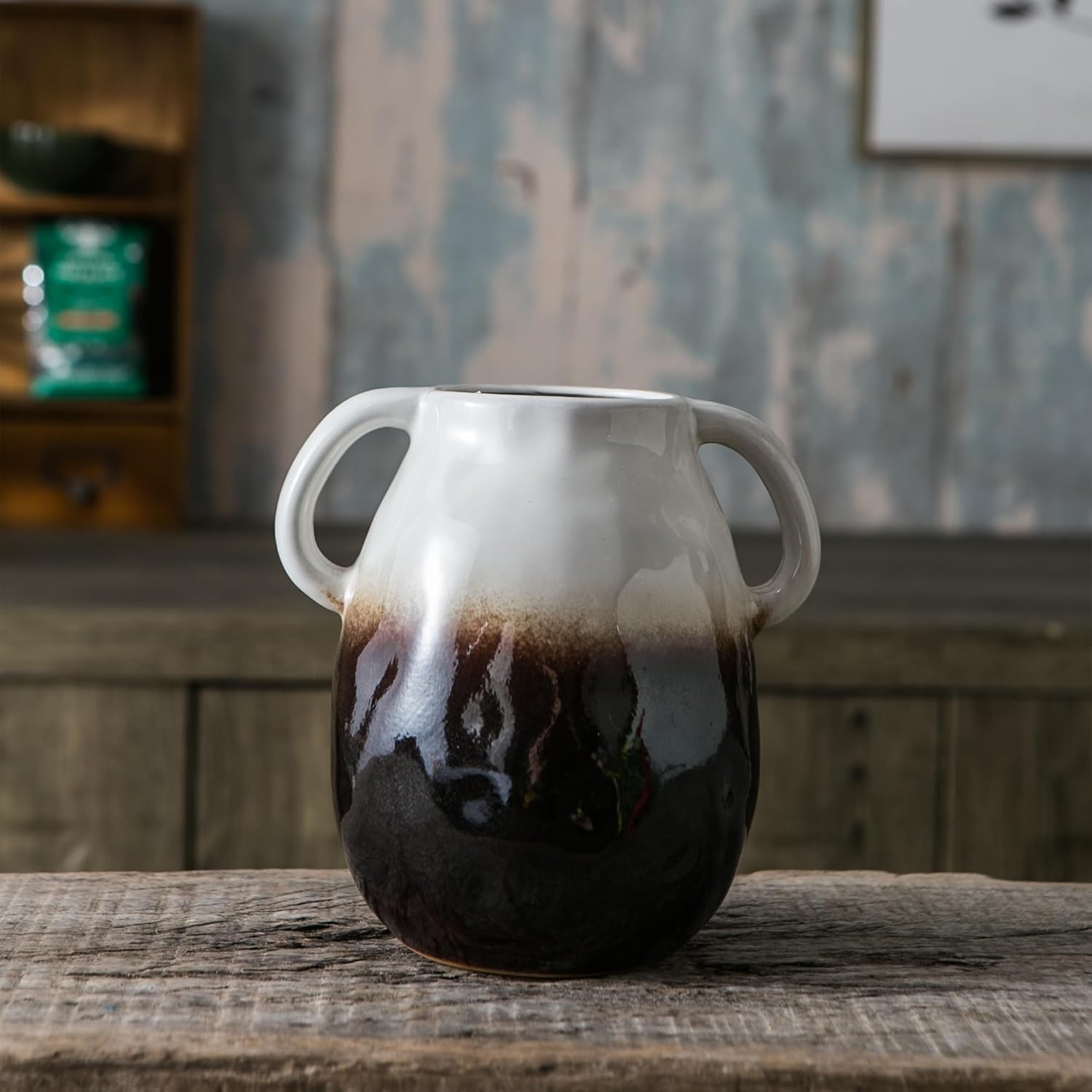 White Gradient Ceramic Vase with 2 Handles, Modern Farmhouse Decor, Rustic Terracotta Pottery, Decorative Flower Vases, Clay Small Vase, Centerpiece for Dining Table - 7 Inch Tall