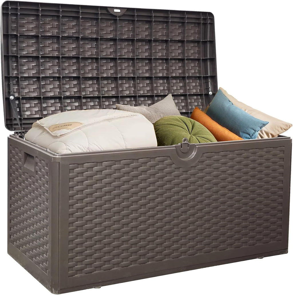 80 Plus Gallon Outdoor Storage Box, Waterproof Resin Deck Box Outdoor Storage Bin for Patio, Poolside, and Garden, Lockable & UV-Resistant, Ideal for Small Spaces, Brown