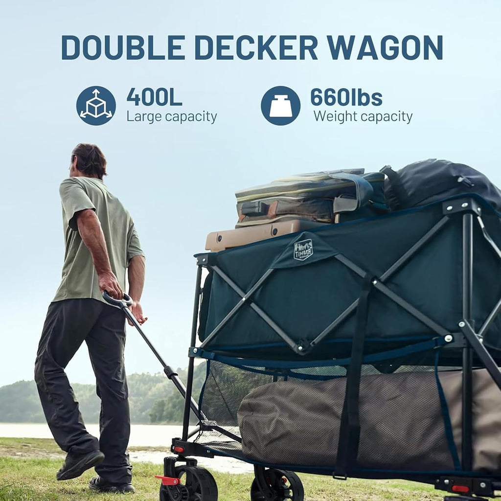 TIMBER RIDGE 400L Large Capacity Folding Double Decker Wagon with Brakes, 54" Extra Long Extender Wagon Cart, 660lbs Heavy Duty Collapsible Cart, All-Terrain Big Wheels for Camping, Sports, Shopping