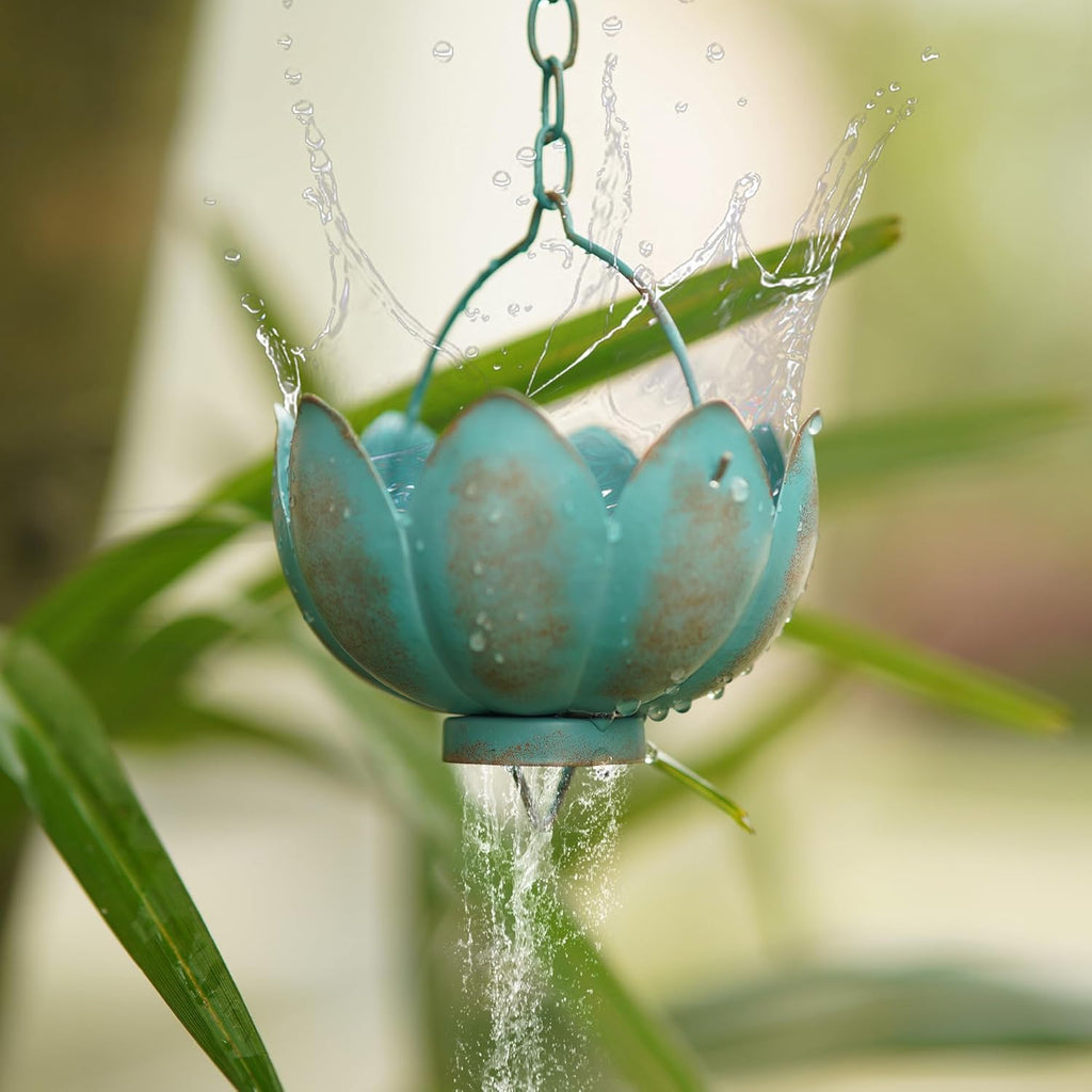 Metal Rain Chain Decoration 8.5FT., Rain Catcher Metal Chain Gutter Downspout 104'' for House Eaves, Garden & Home, Flower Cups Garden Decoration,Lake Blue