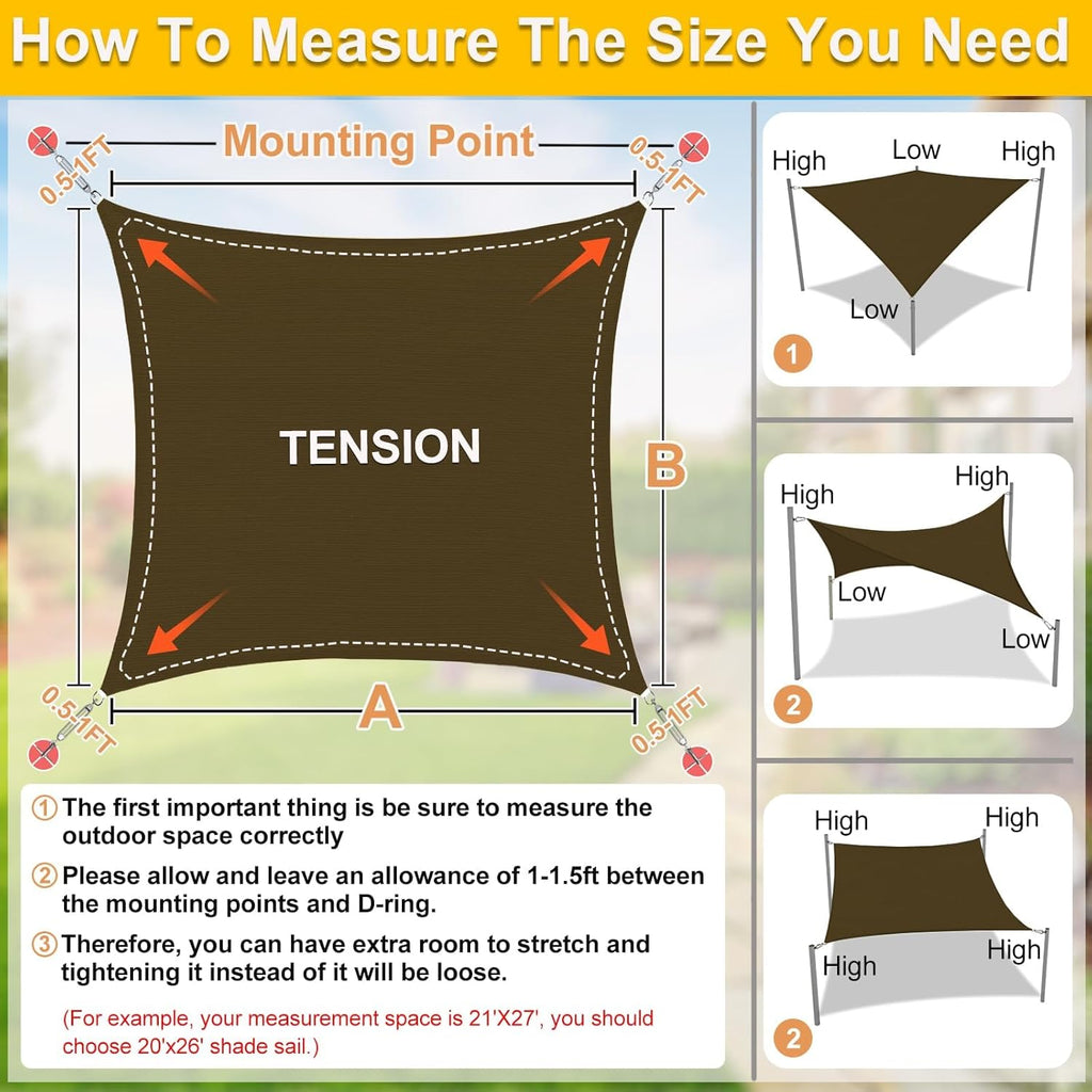 KANAGAWA Sun Shade Sail 13'x20' Brown Rectangle UV Block Canopy Awning Shelter Fabric Cloth Screen for Outdoor Patio Garden Backyard