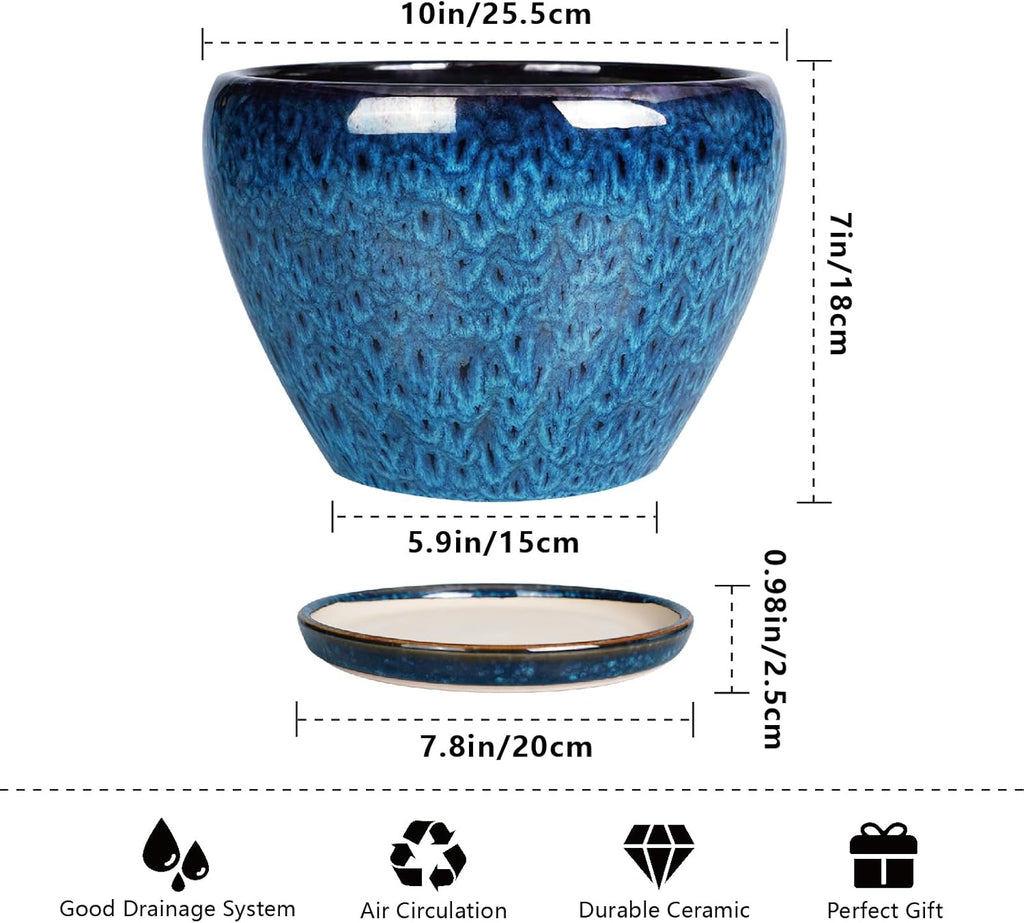 10 Inch Ceramic Planter Pot, Ceramic Plant Pot for Indoor Outdoor Plants, Large Flower Pot with Drainage Hole and Saucer, Blue