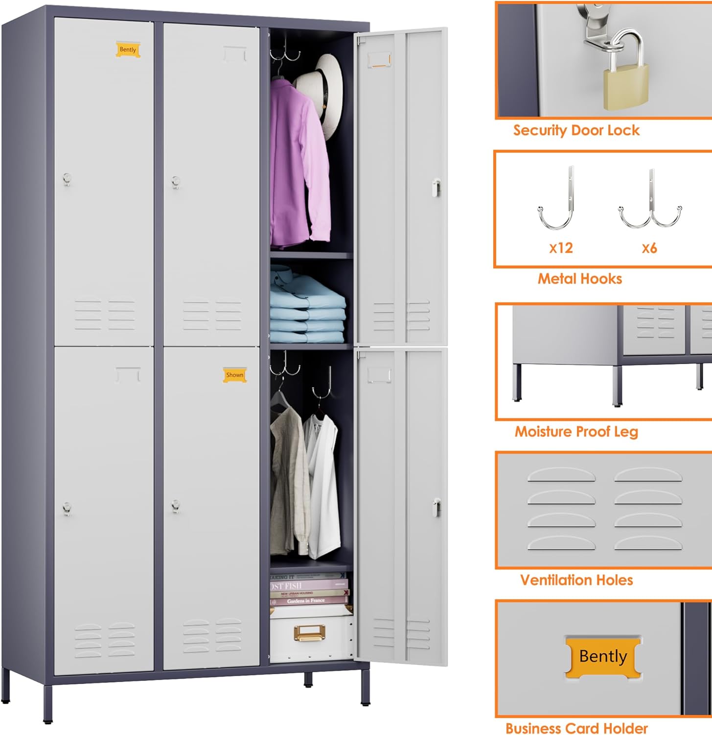 METAN Metal Locker for School Office Gym Bedroom,6 Doors Steel Storage Lockers Cabinet for Employees,Industrial Storage with 1 Shelf,Assembly Required,Gray White