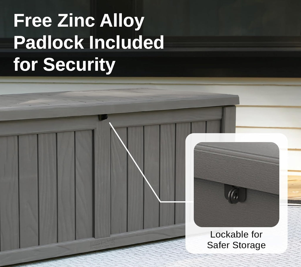 EAST OAK Outdoor Storage Box, 120 Gallon Deck Box with Stainless Steel Rods Large Resin Storage Bin for Patio Cushions, Garden Tools, Waterproof and UV Resistant, Lockable, Grey