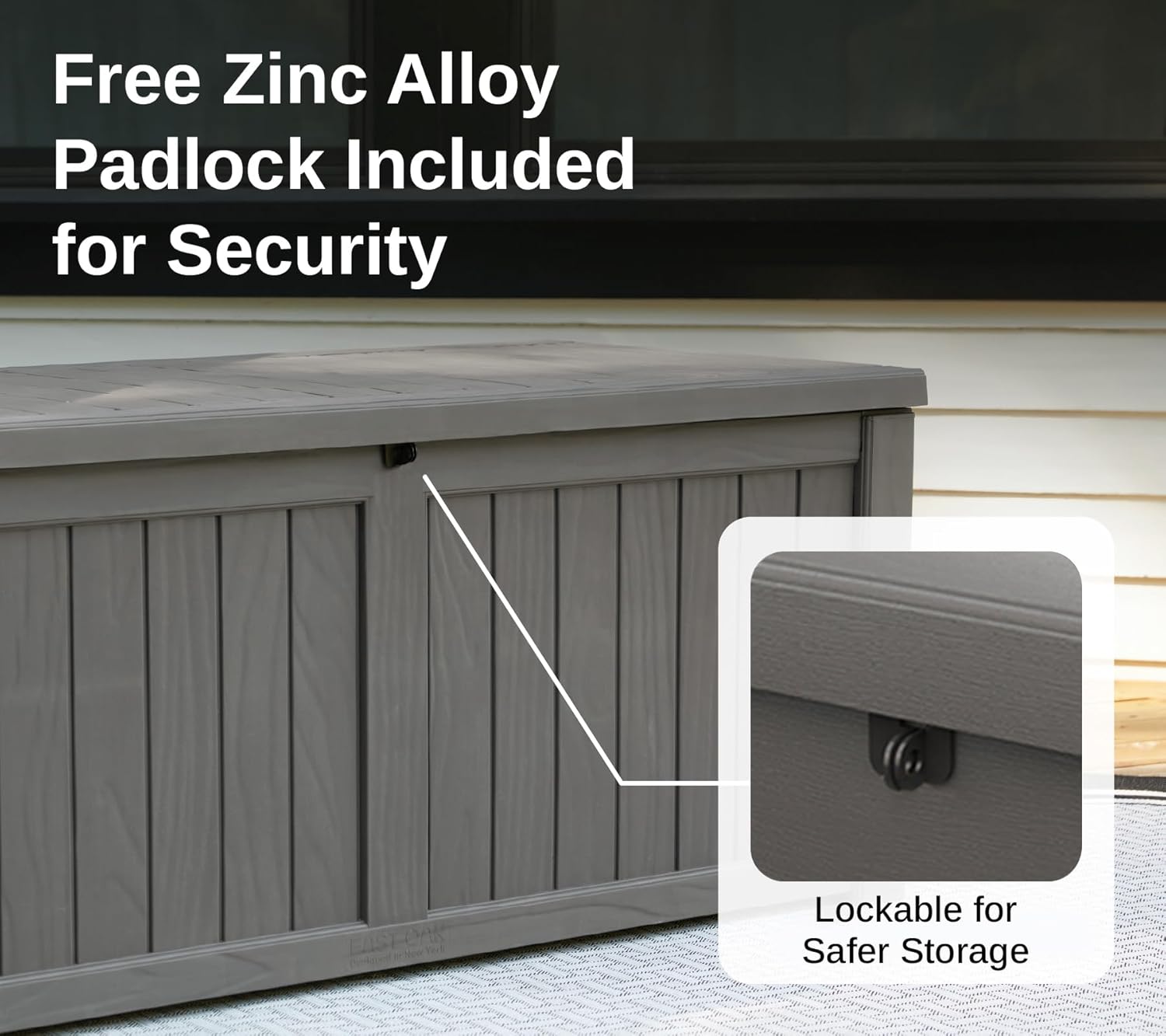 EAST OAK Outdoor Storage Box, 120 Gallon Deck Box with Stainless Steel Rods Large Resin Storage Bin for Patio Cushions, Garden Tools, Waterproof and UV Resistant, Lockable, Grey