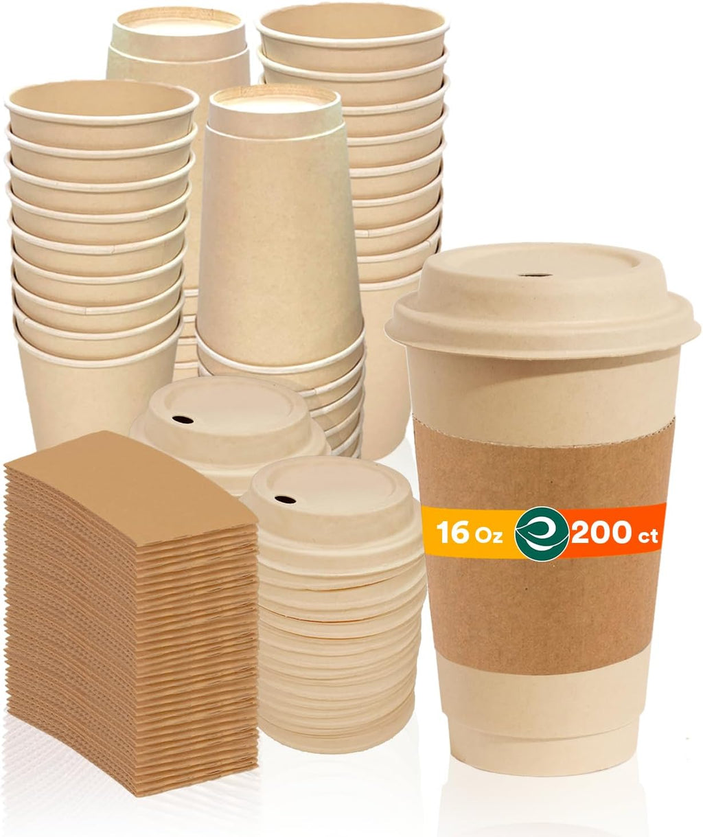 ECO SOUL 100% Compostable Coffee Cups With Lids & Sleeves - 16Oz (200 Counts) To Go Coffee Disposable Bagasse Cups |Sturdy & Eco-Friendly Cups for Cafes, Party, Office