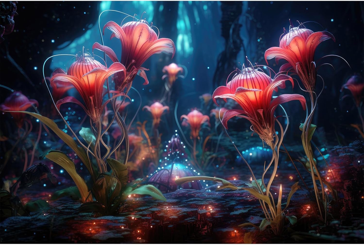 Aquarium Background Beautiful Red Translucent Flowers Terrarium Background Abstract Fantasy Plants Underwater World Tank Poster Glowing Flowers Foggy Forest Fish Tank Background Decors Vinyl 30x18in