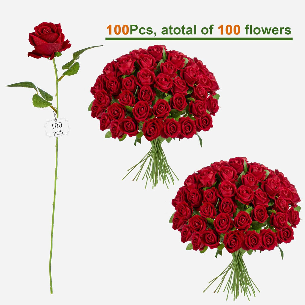 Fake Plants Roses Flowers Plastic Flowers Spring Decorations for Home Gifts for Gf Roses Artificial Flowers for Vase Fake Flowers Home Decor Fake Plant 19.6"(Red 100PCS)