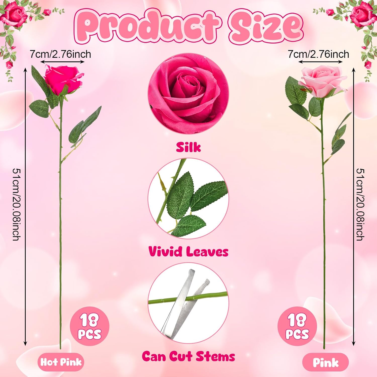 36 Pcs Pink, Hot Pink Artificial Roses with Long Stems, Fake Silk Rose Artificial Flowers Bulk for Bridal Wedding Bouquet Centerpiece Ball Arrangement Party Decor