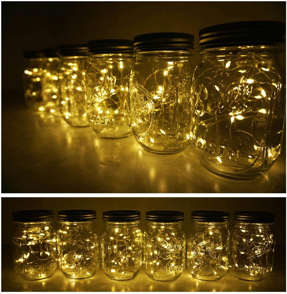 Decorman Solar Mason Jar Lights, 10 Pack 30 LED Fairy Star Firefly String Lids Lights with 10 Hangers for Patio Yard Garden Party Wedding Christmas Decoration(Jars Not Included) (10 Pack, Warm White)