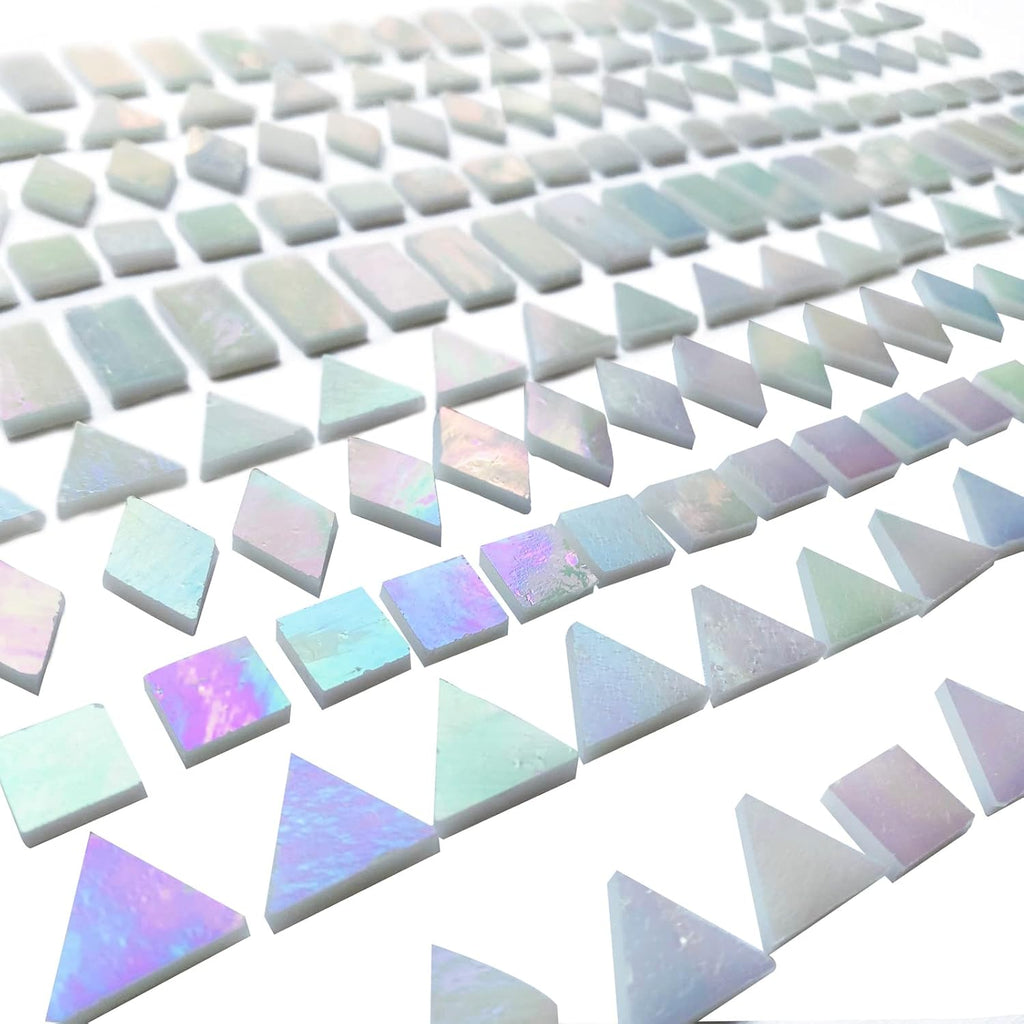 Iridescent White Glass Mosaic Tiles for Crafts, 280 Pcs Mixed 4 Shapes Stained Glass Sheets, Mosaic Kit for Adults Kids, Supplies for Mosaics
