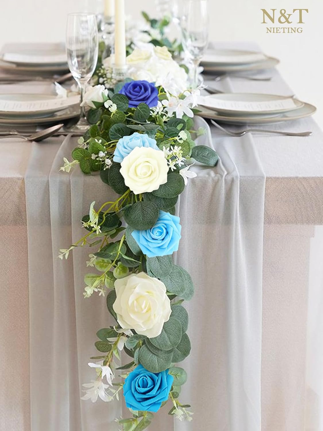 N&T NIETING Blue Roses Artificial Flowers, 50pcs Fake Flowers Rose Perfect for DIY Wedding Bridesmaid Bridal Bouquets Centerpieces Home Flower Arrangement Decoration, Series Blue