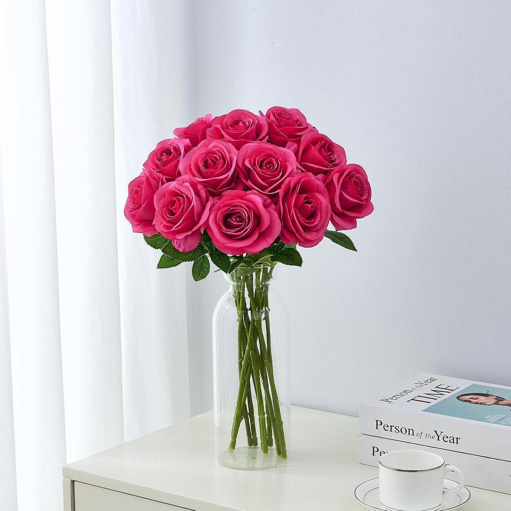 12PC Hot Pink Roses Artificial Flowers Fake Roses Silk Roses Flowers with Long Stems for Wedding Home Party Centerpieces Decorations