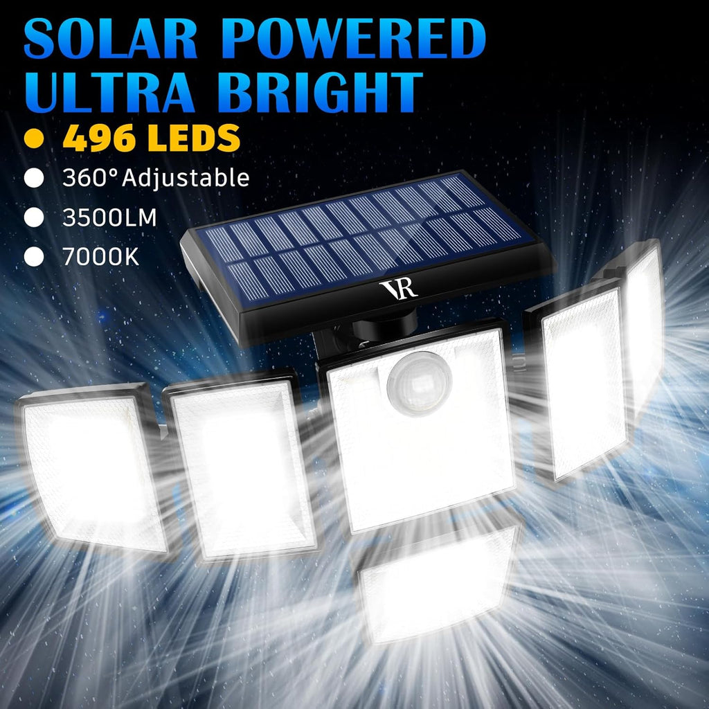 Solar Motion Sensor Flood Lights Outdoor - 496LEDs 3500LM 3 Lighting Modes 3 Levels Brightness, 6 Heads 360° Illumination, IP65 Waterproof Solar Security Lights,for Porch Yard Patio Garage