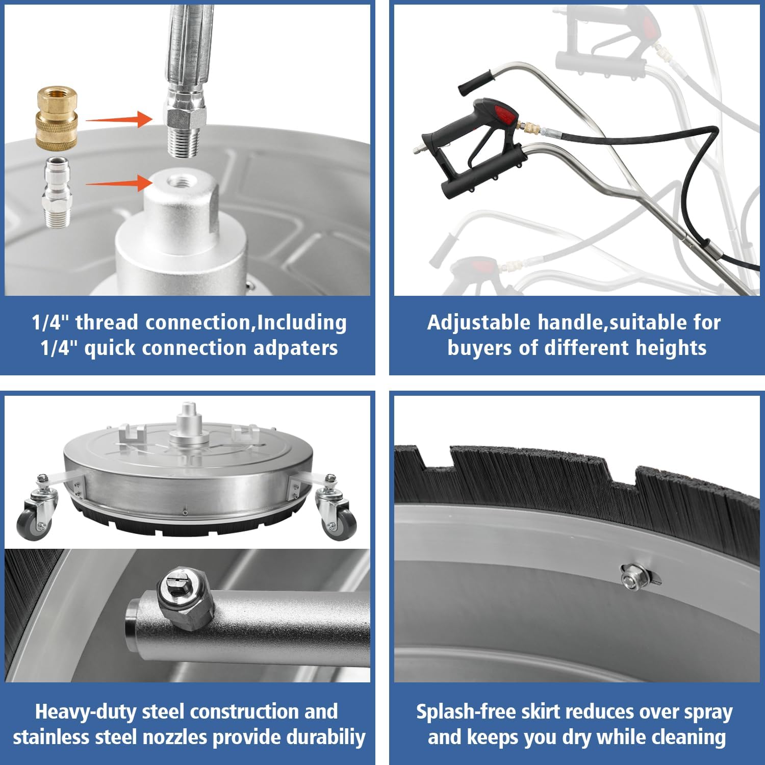 JANZ 30'' Pressure Washer Surface Cleaner with 4 Wheels,Dual Handle,Stainless Steel Housing, 2 Hose Adapters and 4 Replacement Nozzle Cores,Ideal for Driveways, Sidewalks,Patios,Decks Cleaning