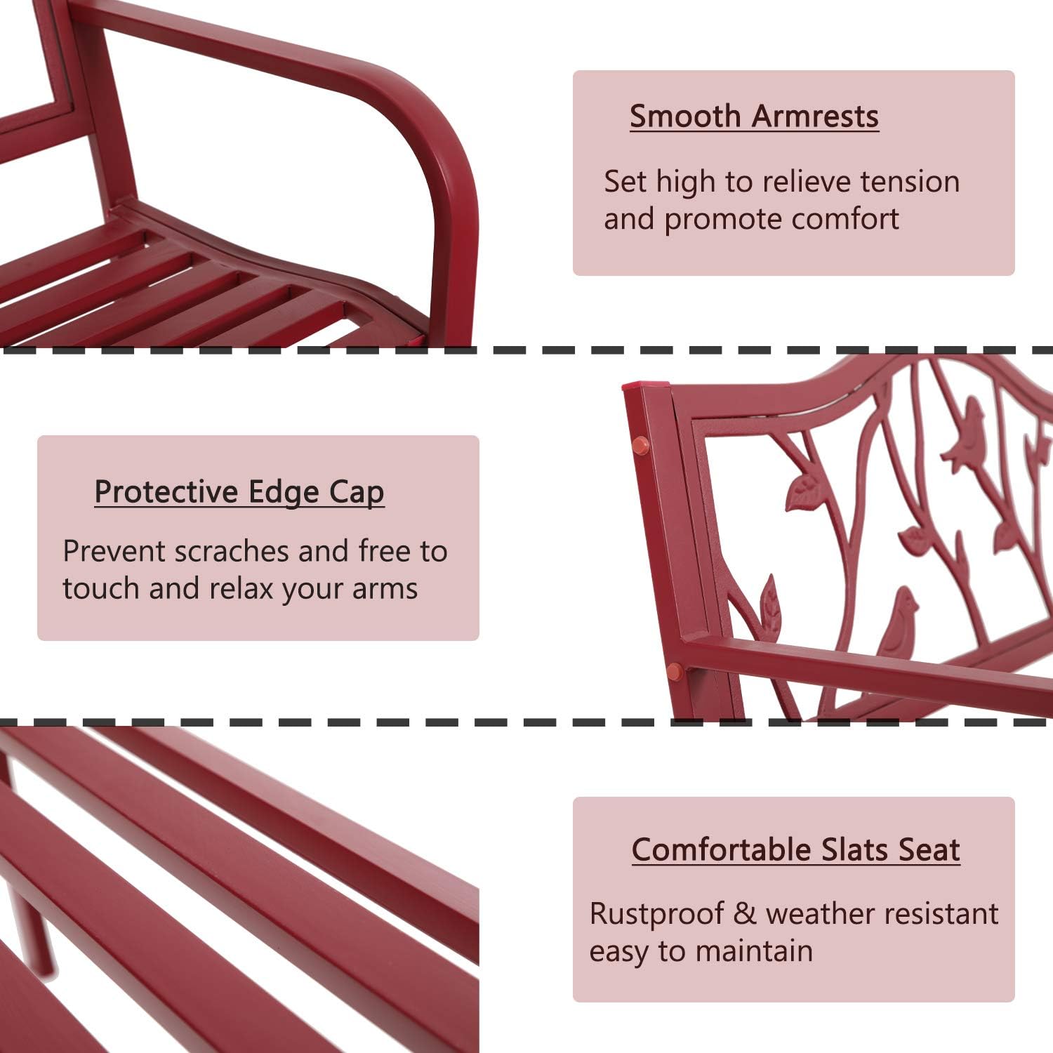 MFSTUDIO 50" Outdoor Red Garden Bench, Steel Metal Frame Patio Park Bench with Bird Pattern Backrest for Porch Backyard Lawn