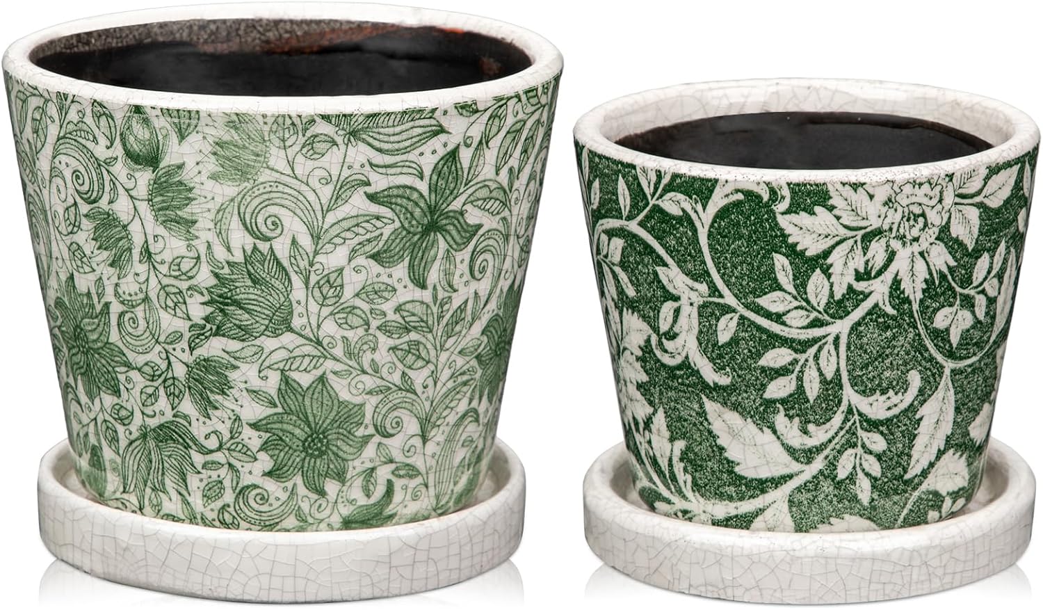 Set of 2 Ceramic Green Plant Pots with Drainage Hole and Saucers, Vintage Farmhouse Accent Planters for Indoor Plants, Round Flower Pots Rustic Succulent Cactus Pots Terracotta Tubs 5.7/4.7 Inch