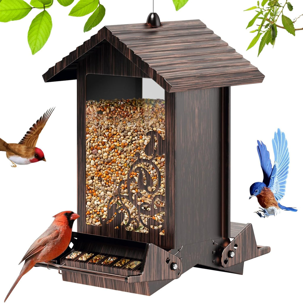 Squirrel Proof Bird Feeder for Outdoor Hanging,Metal Bird Seed Feeder with Bilateral Weight Activated Perches,5LB Large Capacity Wild Bird Feeders for Outside,Easy Refill and Clean,Brown