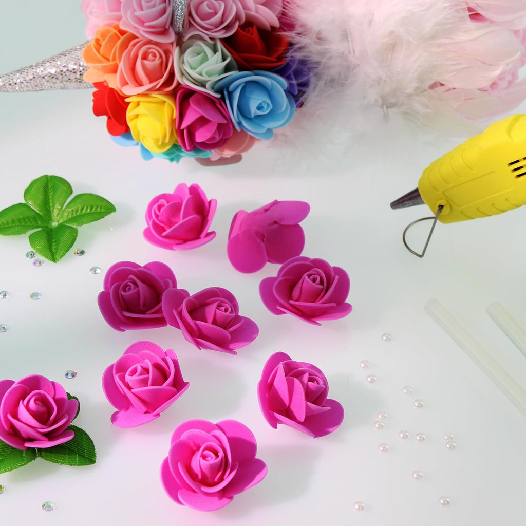 500 Pcs 1.4 Inch Mini Artificial Flowers Head Bulk 5 in 1 Set Faux Foam Fake Small Rose Tiny Baby Flores Bouquet Cake Gift Home Decoration DIY Craft (Hot Pink)