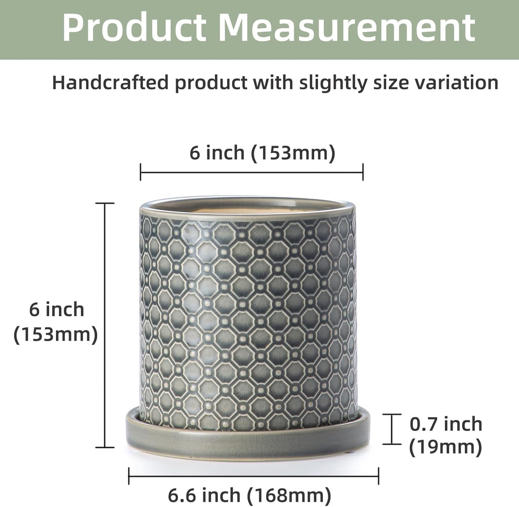 6 Inch Plant Pot: Ceramic Planter with Drainage Hole & Saucer Indoor Outdoor Plants - Cylinder Round Flower Pot for Home Office - Modern Decorative - Small Grey