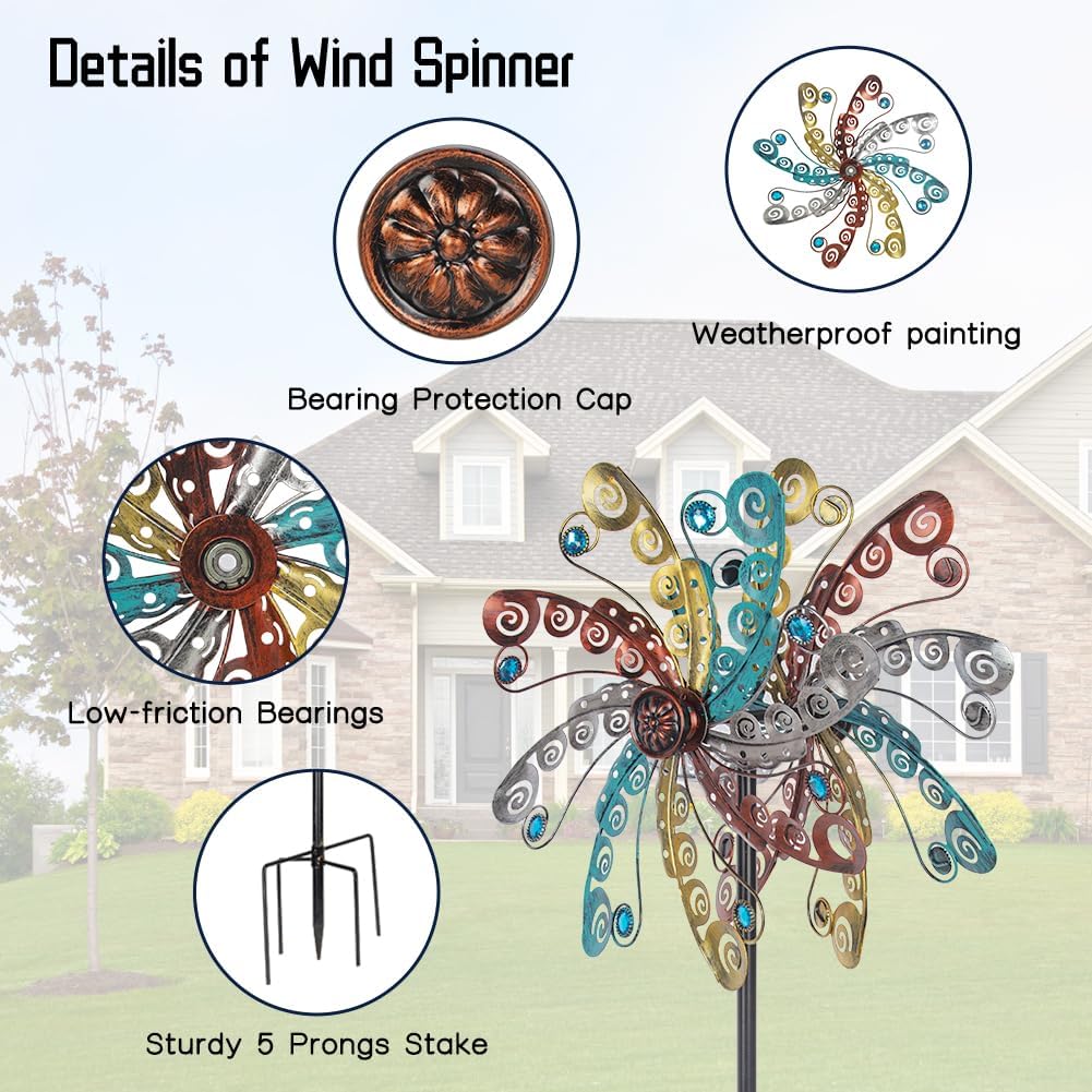 DREAMSOUL Metal Wind Spinners Outdoor, Wind Spinners for Yard and Garden with 5 Stable Stake, Double Kinetic Wind Spinner for Patio, Lawn & Garden Decor 63 * 13 Inches