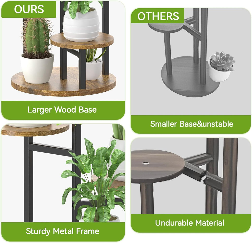 5 Tier Plant Stand Indoor, Metal Wood Flower Holder, Heavy Duty Tall Round Multiple Shelf, Sturdy Spiral Planter Orchid Display Rack for House Living Room Patio Corner Bathroom, Modern Black