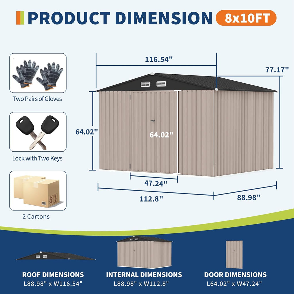 8x10 FT Metal Storage Sheds Outdoor with Floor, Metal Yard Sheds Garden Shed Kit, MetalTool Shed with Lockable Door, Metals UtilitySheds Buildings with Air Vent for Backyard Garden Patio Lawn