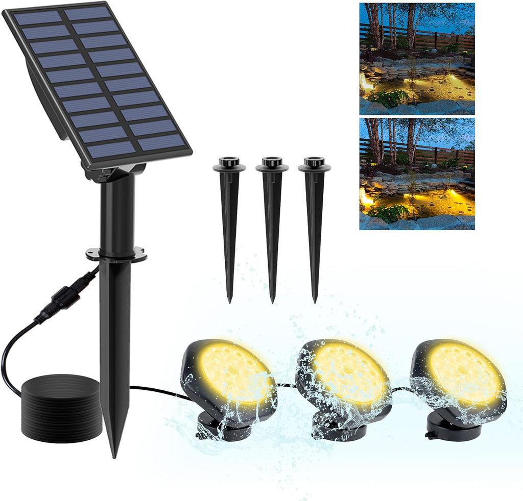 Solar Pond Lights, 18 LED Super Bright Underwater Spotlights LED Submersible Pond Light IP68 Waterproof Fountain Lights for Fish Aquarium Tank Garden Yard Pool Decor Warm White (3-in-1)