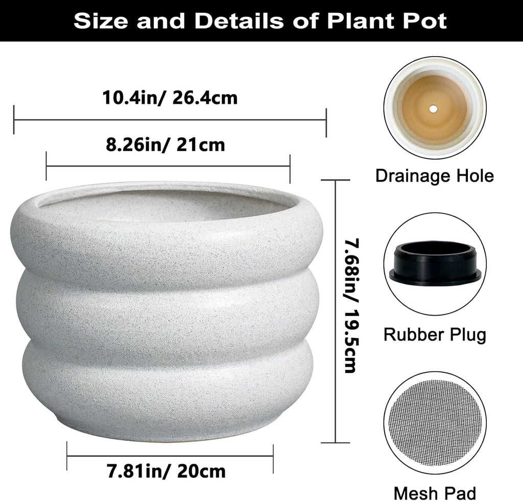SQOWL Ceramic Planter Pot - 10 Inch Plant Pot with Drainage Hole Large Planter for Indoor Plants Outdoor Flower Pot Decorative Plant Pot for Garden Bathroom Decor White