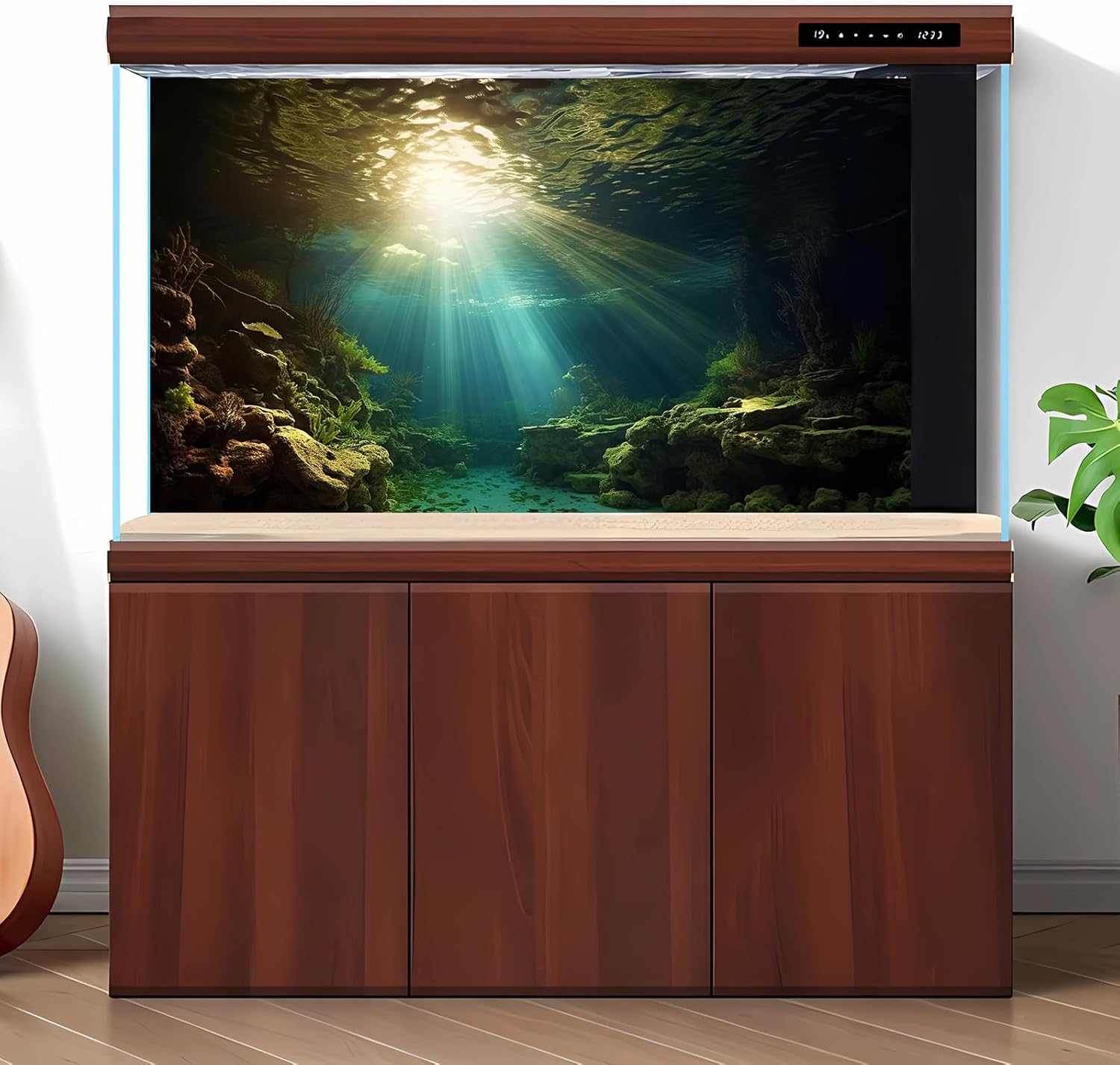 Fish Tank Background Under The Sea Aquarium Background Ocean Floor Sunray Rock Terrarium Backgrounds Coral Reef Aquatic Plants Underwater Cave Aquarium Wallpaper for Fish Tank Decorations 24x12in