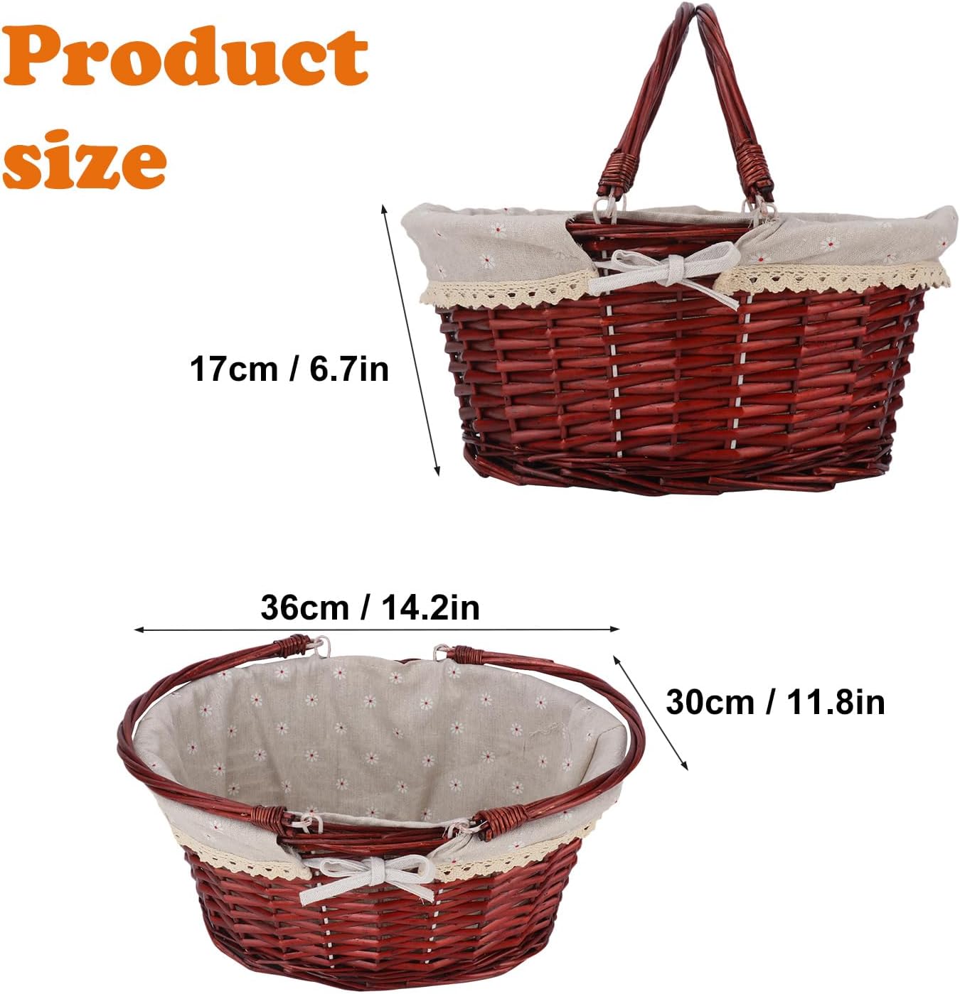 Brown Wicker Basket with Linen Lining, 14 Inch Large Wicker Woven Picnic Basket with Handle for Picnic, Camping, Outdoor Party