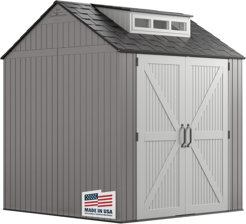 Rubbermaid Resin Outdoor Storage Shed With Floor (7 x 7 Ft) Weather Resistant Gray Organization for Home/Backyard/Garden Tools/Lawn Mower/Bike Storage/Pool Supplies