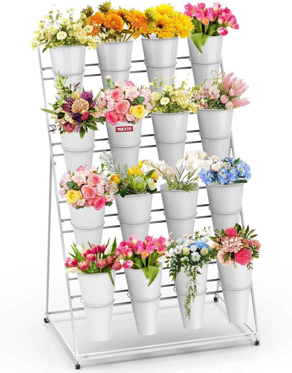 Flower Display Stand 4 Layers with 16 PCS Round Buckets, Plant Stand with Wheels, Movable Metal Plant Stand for Terrace Garden, Florist Shop
