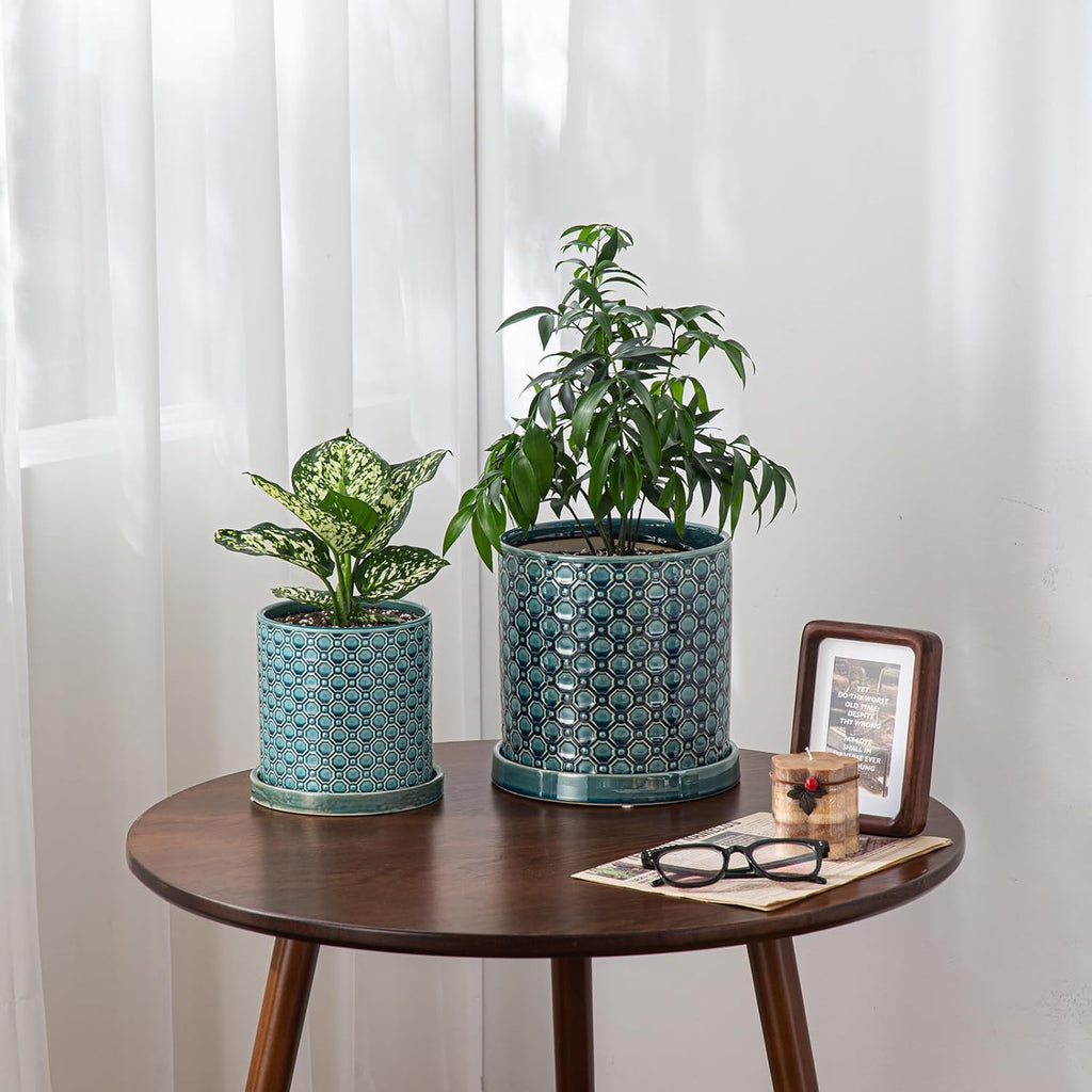 8 Inch Plant Pot: Ceramic Planter with Drainage Hole & Saucer Indoor Outdoor Plants - Cylinder Round Flower Pot for Home Office - Modern Decorative - Medium Blue