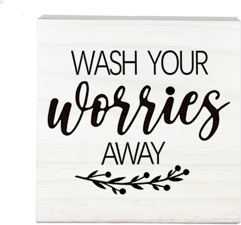 Wash Your Worries Away Wooden Sign - Funny White Block Plaque Desk Decoration-5x5 inches Inspirational Wood Block Gifts For Friends Family-Laundry Room Restroom Bathroom Tabletop Favors & Supplies-A01
