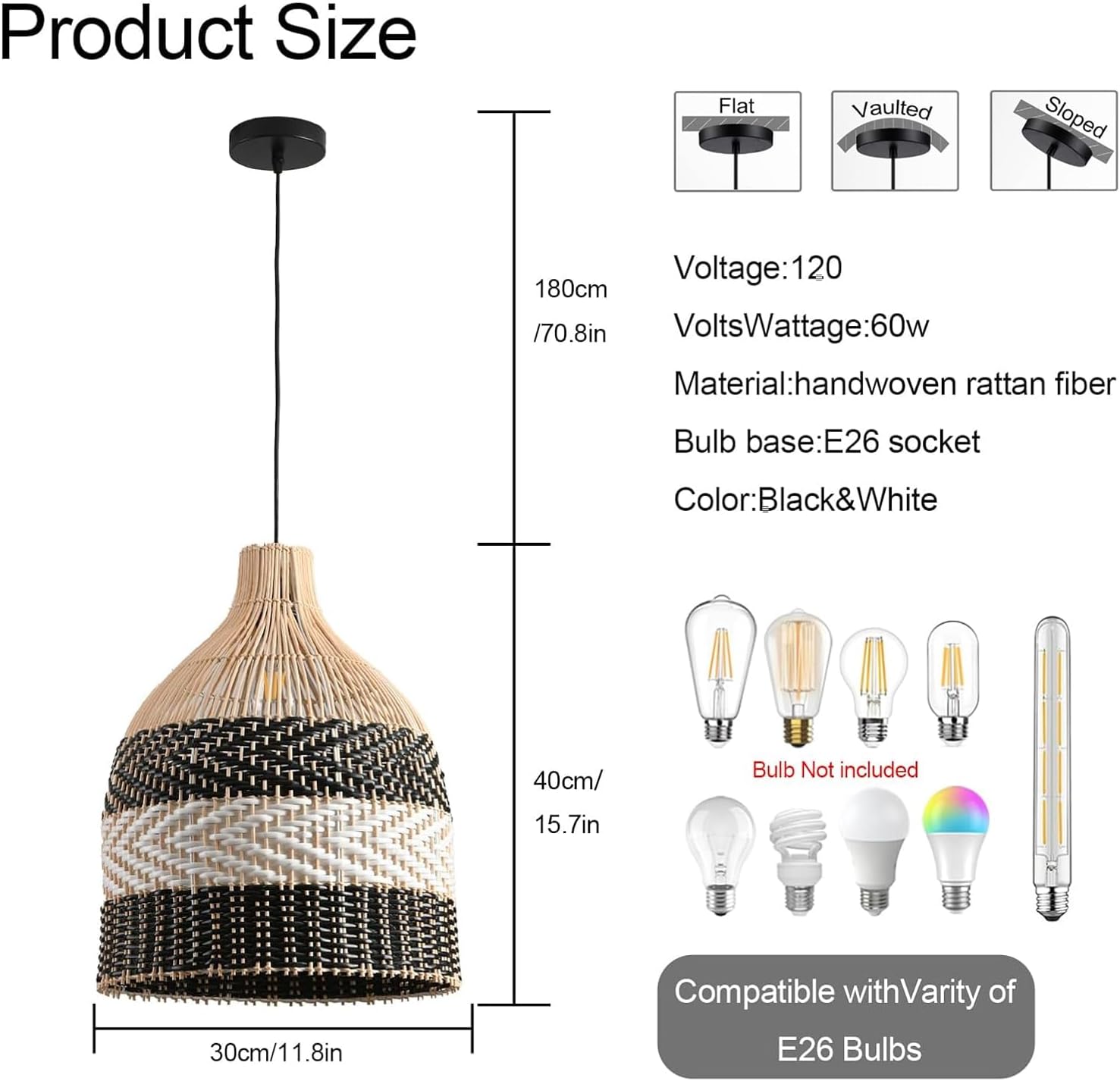 11.8" Rattan Pendant Light 1-Pack Black White Faux Rattan Basket Chandelier Boho Handmade Woven Oval Wicker Hanging Light Fixture for Public Place Dining Living Bedroom Kitchen