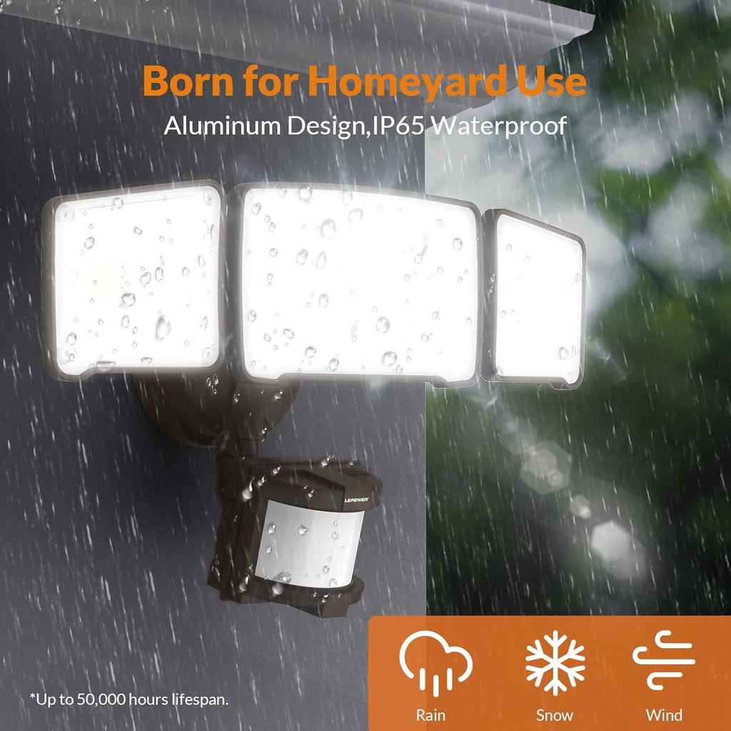 LEPOWER LED Security Light Motion Sensor Light Outdoor, 38W 4200LM Motion Security Light, 5500K, IP65 Waterproof, 3 Head Motion Detected Flood Light for Garage, Yard, Porch (Not Solar Powered, Brown)