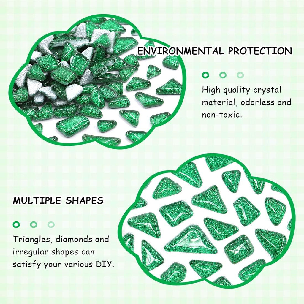 Swpeet 1 Pound Green Shine Crystal Series Mosaic Tiles Assortment Kit, Square and Triangle Genuine Mosaic Tiles Glitter Crystal Mosaic Perfect for Home Decoration Crafts