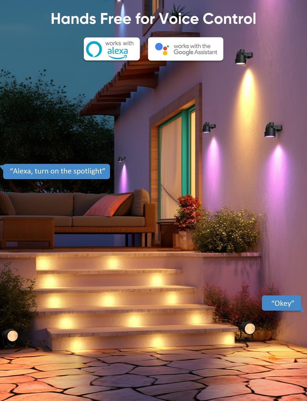 Spot Lights Outdoor, RGBW Low Voltage Landscape Lighting, Color Changing Uplighting Spotlights with App, IP65 Waterproof LED Outdoor Lights for Garden Yard Outside Decoration, 4 Pack