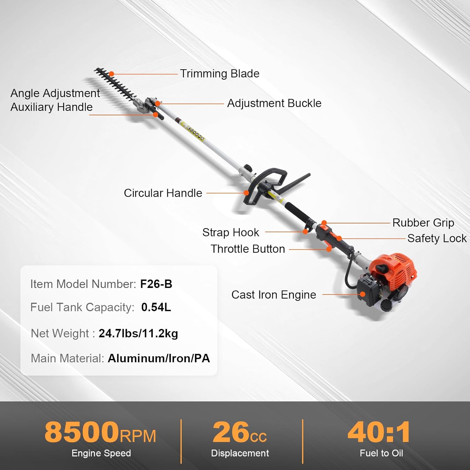 VEVOR Gas Hedge Trimmer 2 Cycle with Extension Pole, 15.7-inch 26cc Gas Powered Pole Hedge Trimmer with Dual Sided Dual Action Blade, Great for Trimming Shrubs, Bushes, w/EPA, CE and EMC Certification